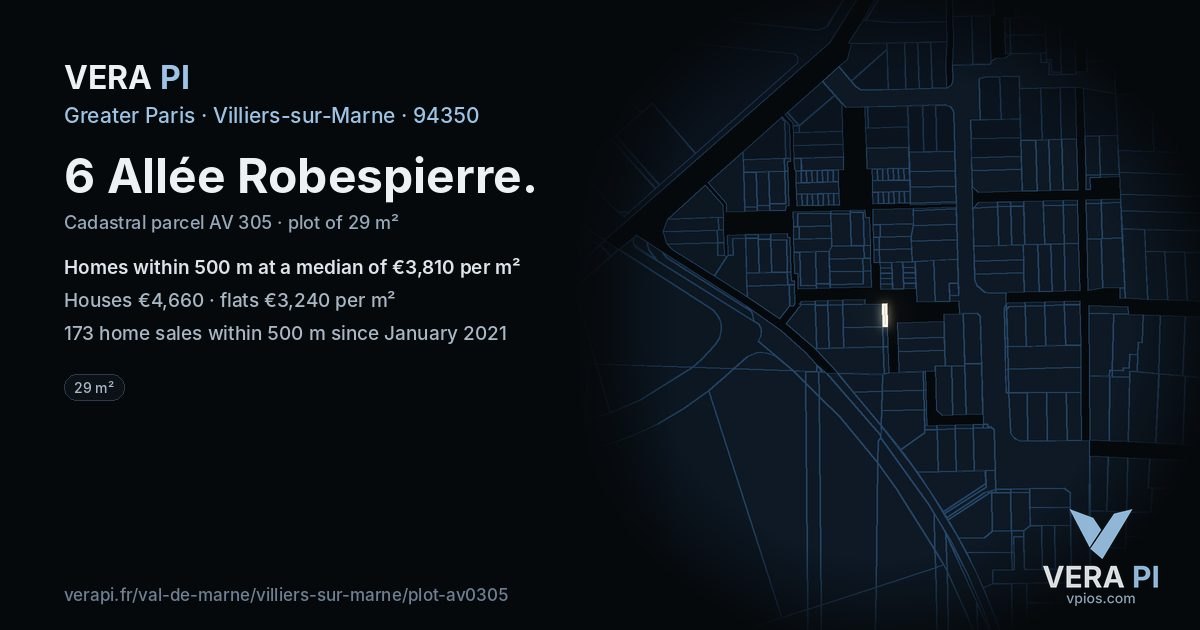 6 Allée Robespierre, Villiers-sur-Marne at night – the plot lit, the parcels around coloured by the prices near them