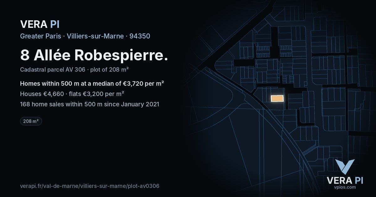 8 Allée Robespierre, Villiers-sur-Marne at night – the plot lit, the parcels around coloured by the prices near them