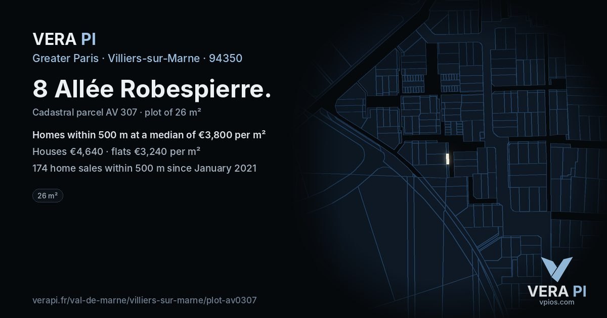 8 Allée Robespierre, Villiers-sur-Marne at night – the plot lit, the parcels around coloured by the prices near them