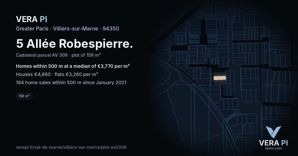5 Allée Robespierre, Villiers-sur-Marne at night – the plot lit, the parcels around coloured by the prices near them