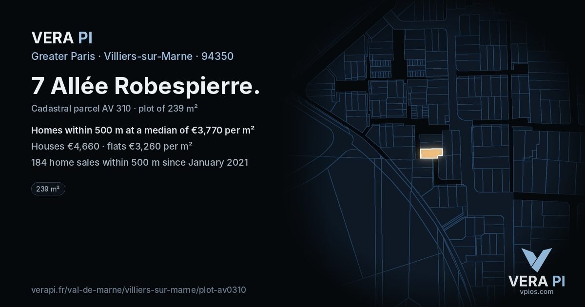 7 Allée Robespierre, Villiers-sur-Marne at night – the plot lit, the parcels around coloured by the prices near them