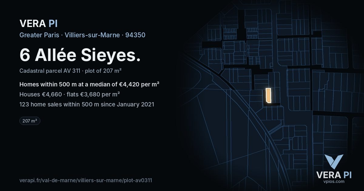 6 Allée Sieyes, Villiers-sur-Marne at night – the plot lit, the parcels around coloured by the prices near them