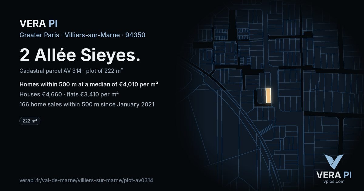 2 Allée Sieyes, Villiers-sur-Marne at night – the plot lit, the parcels around coloured by the prices near them