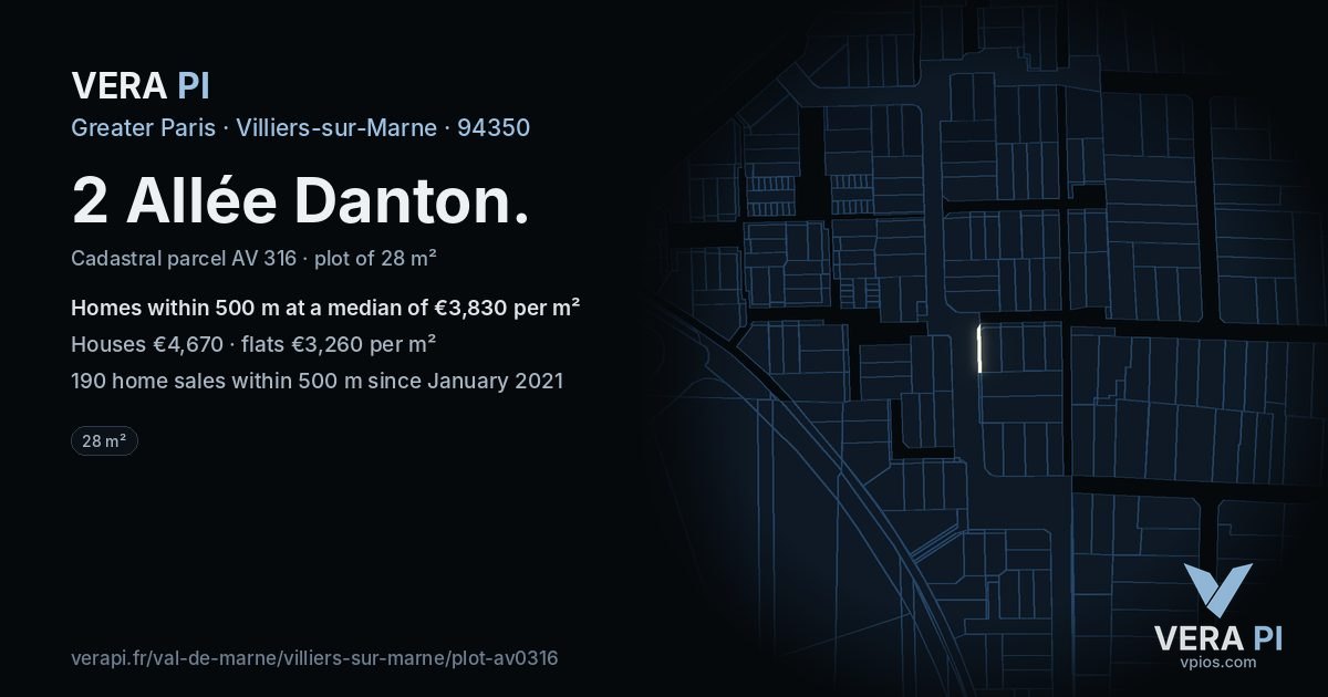 2 Allée Danton, Villiers-sur-Marne at night – the plot lit, the parcels around coloured by the prices near them