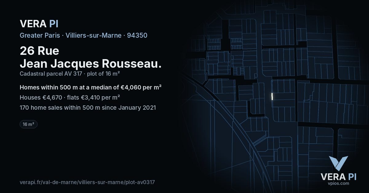 26 Rue Jean Jacques Rousseau, Villiers-sur-Marne at night – the plot lit, the parcels around coloured by the prices near them