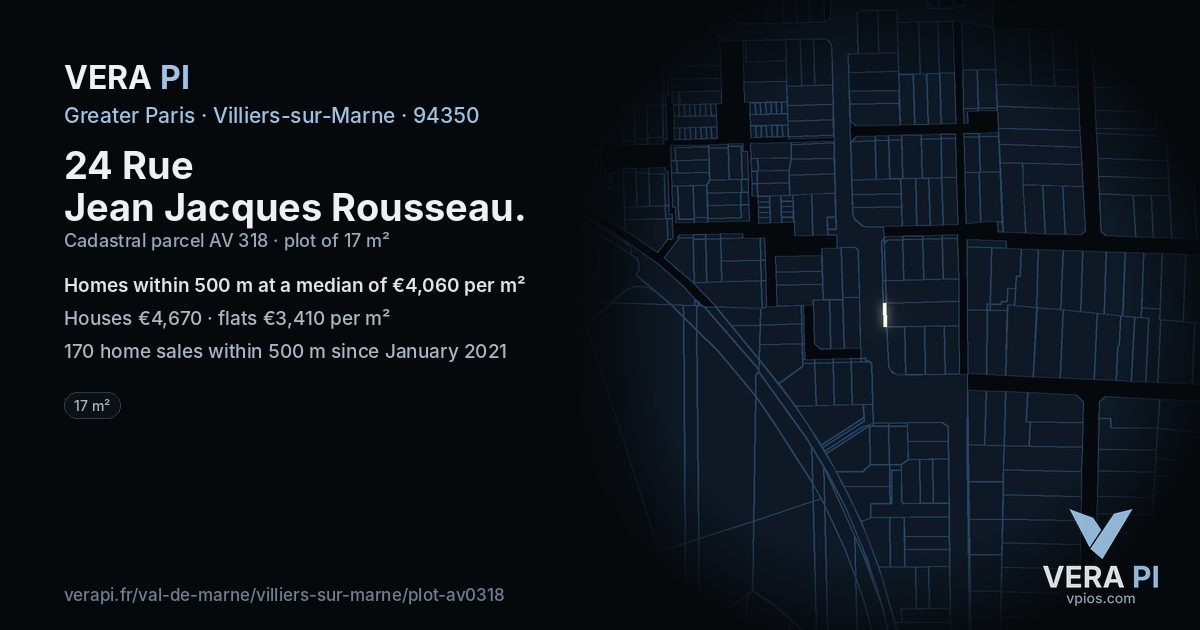 24 Rue Jean Jacques Rousseau, Villiers-sur-Marne at night – the plot lit, the parcels around coloured by the prices near them