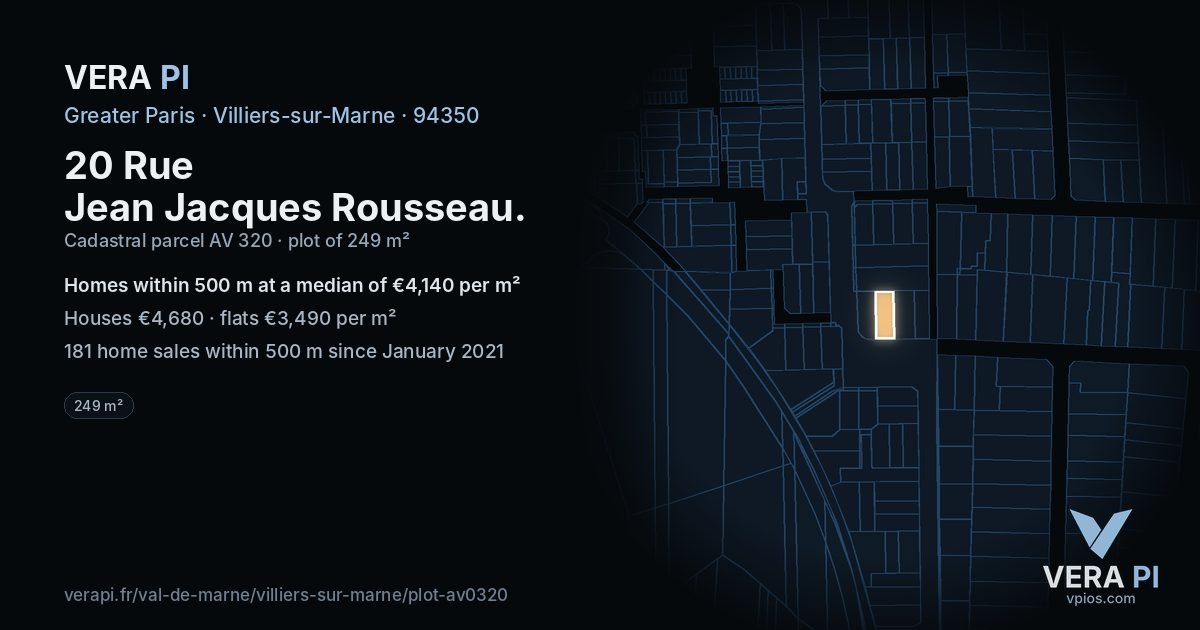 20 Rue Jean Jacques Rousseau, Villiers-sur-Marne at night – the plot lit, the parcels around coloured by the prices near them