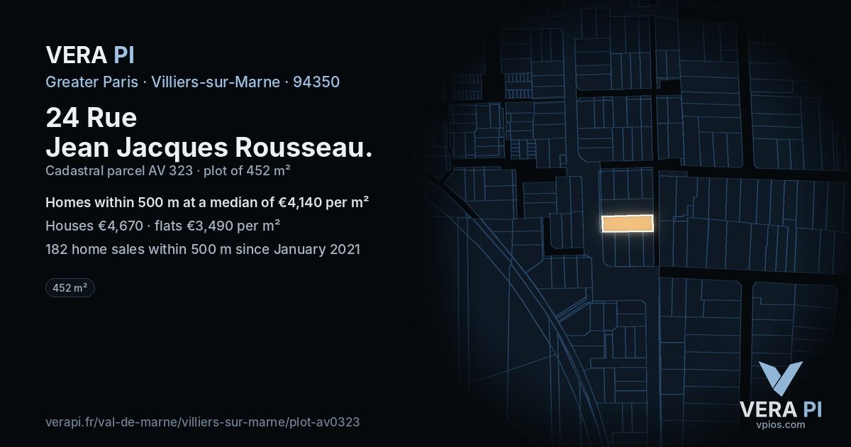 24 Rue Jean Jacques Rousseau, Villiers-sur-Marne at night – the plot lit, the parcels around coloured by the prices near them