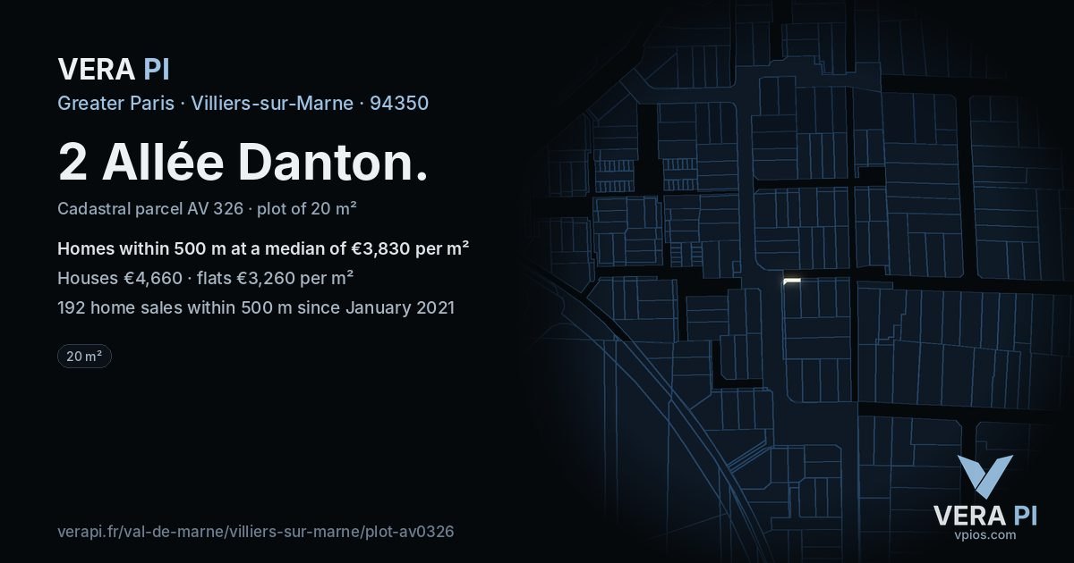 2 Allée Danton, Villiers-sur-Marne at night – the plot lit, the parcels around coloured by the prices near them
