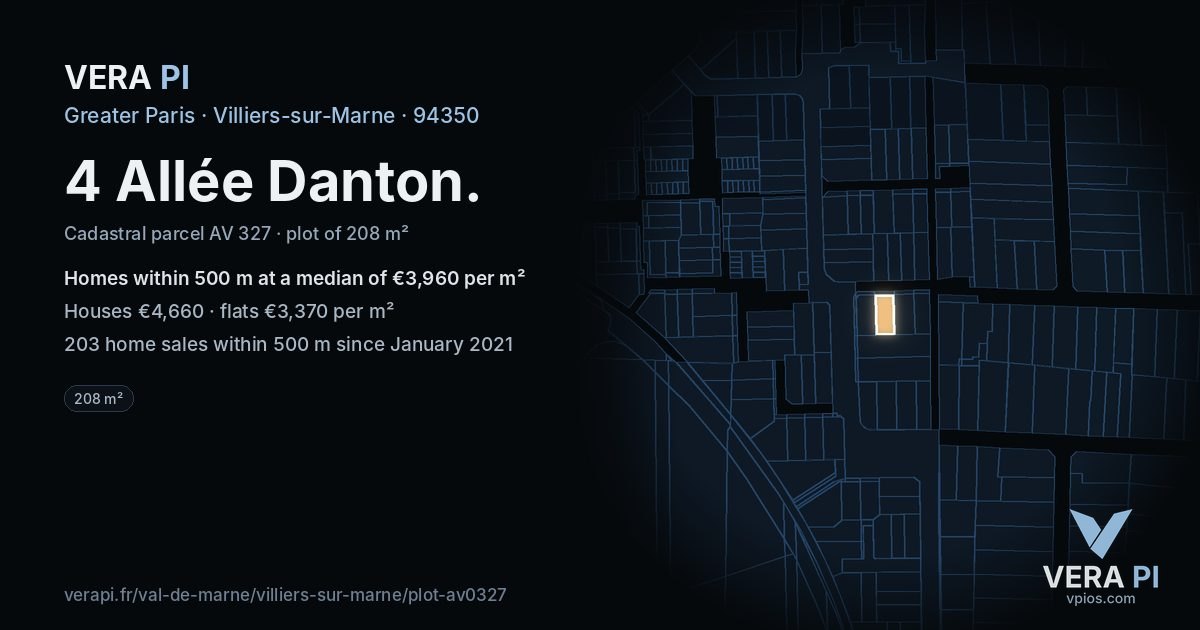 4 Allée Danton, Villiers-sur-Marne at night – the plot lit, the parcels around coloured by the prices near them