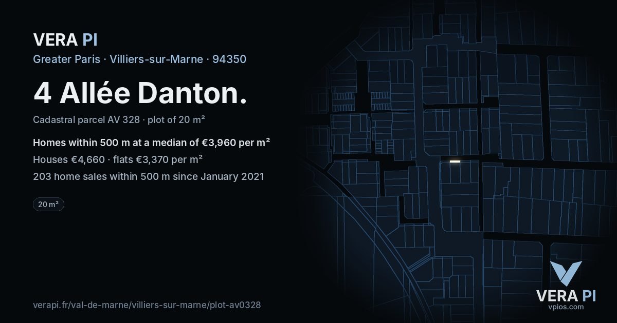 4 Allée Danton, Villiers-sur-Marne at night – the plot lit, the parcels around coloured by the prices near them