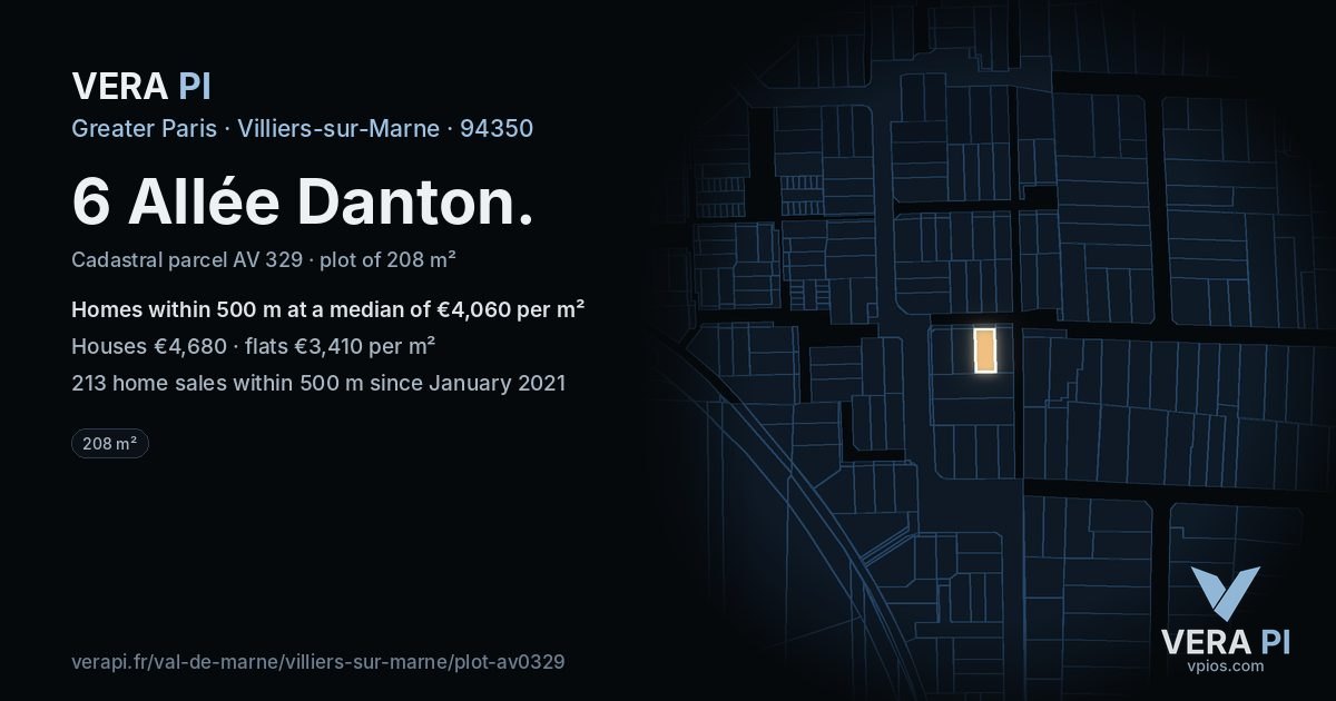 6 Allée Danton, Villiers-sur-Marne at night – the plot lit, the parcels around coloured by the prices near them
