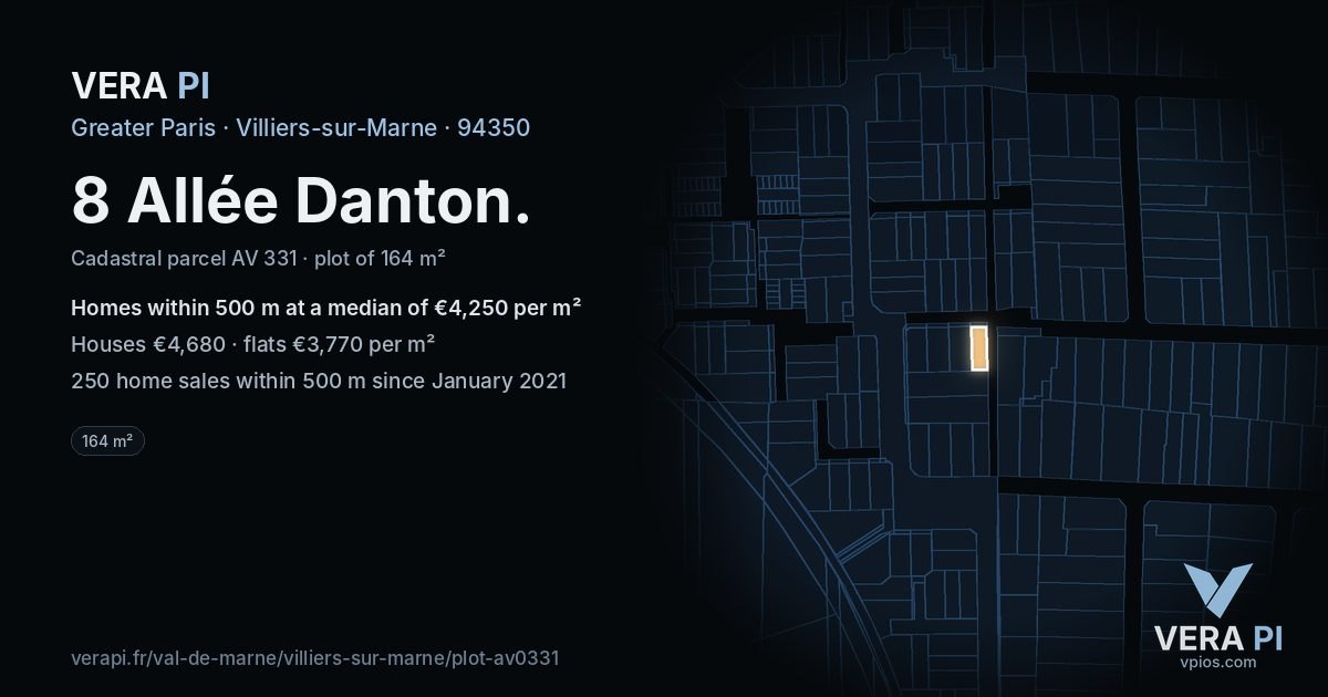 8 Allée Danton, Villiers-sur-Marne at night – the plot lit, the parcels around coloured by the prices near them