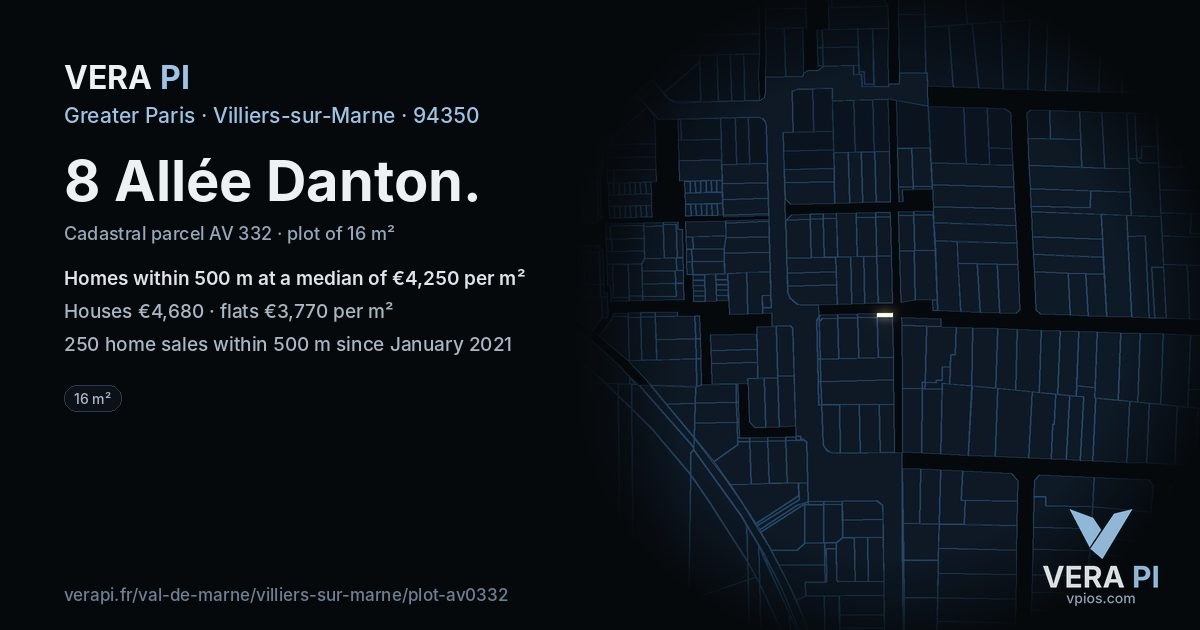8 Allée Danton, Villiers-sur-Marne at night – the plot lit, the parcels around coloured by the prices near them