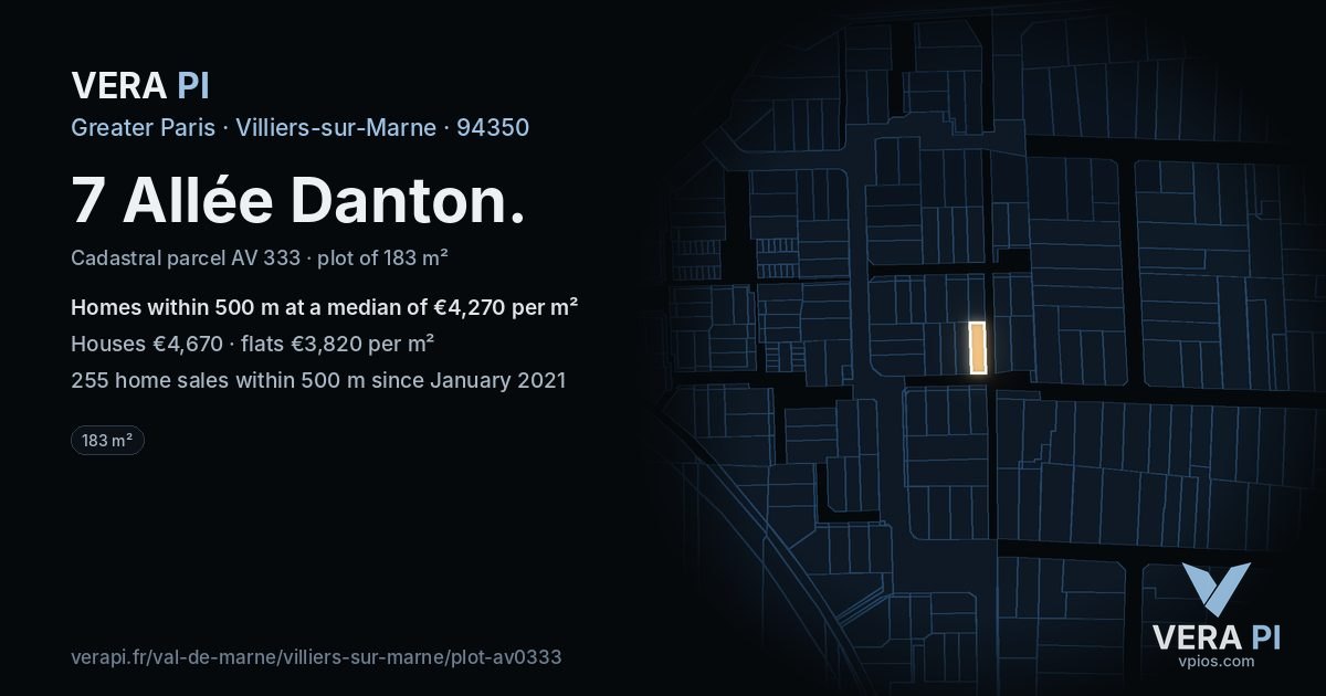 7 Allée Danton, Villiers-sur-Marne at night – the plot lit, the parcels around coloured by the prices near them