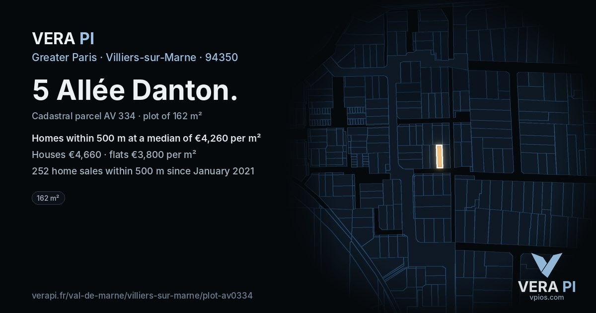 5 Allée Danton, Villiers-sur-Marne at night – the plot lit, the parcels around coloured by the prices near them