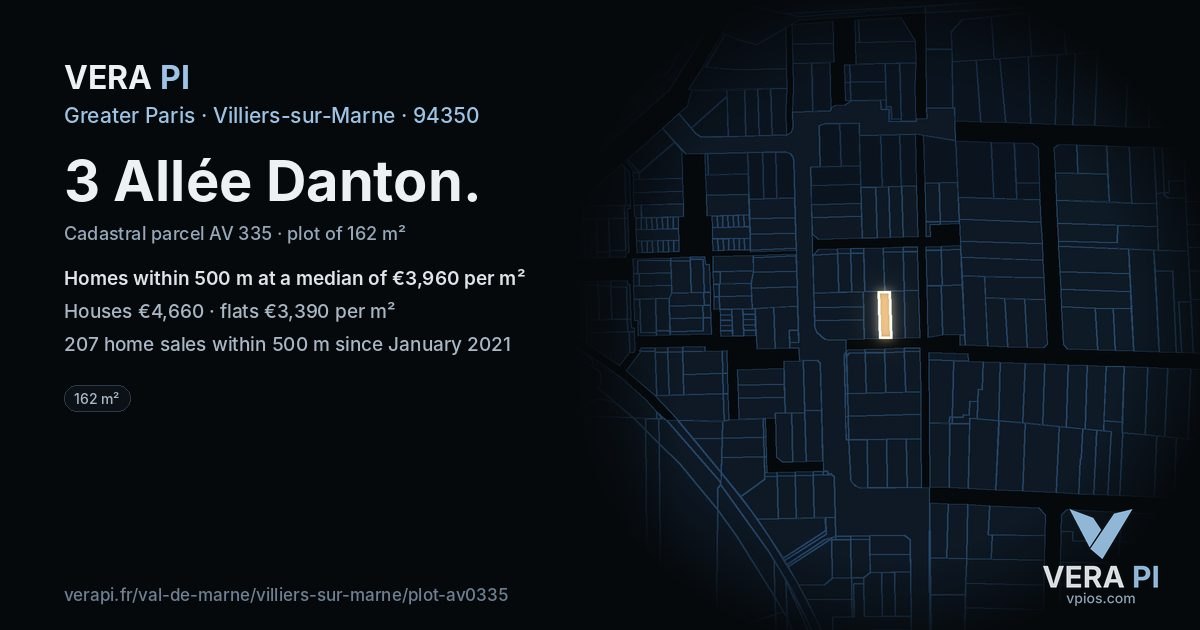 3 Allée Danton, Villiers-sur-Marne at night – the plot lit, the parcels around coloured by the prices near them