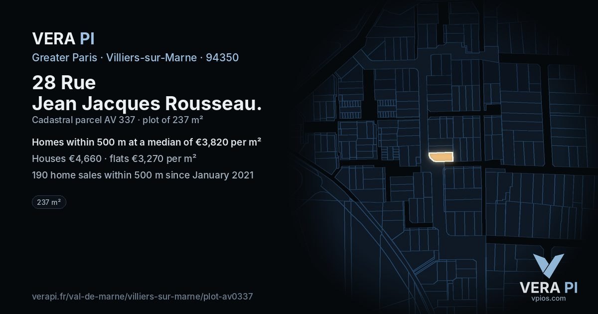 28 Rue Jean Jacques Rousseau, Villiers-sur-Marne at night – the plot lit, the parcels around coloured by the prices near them