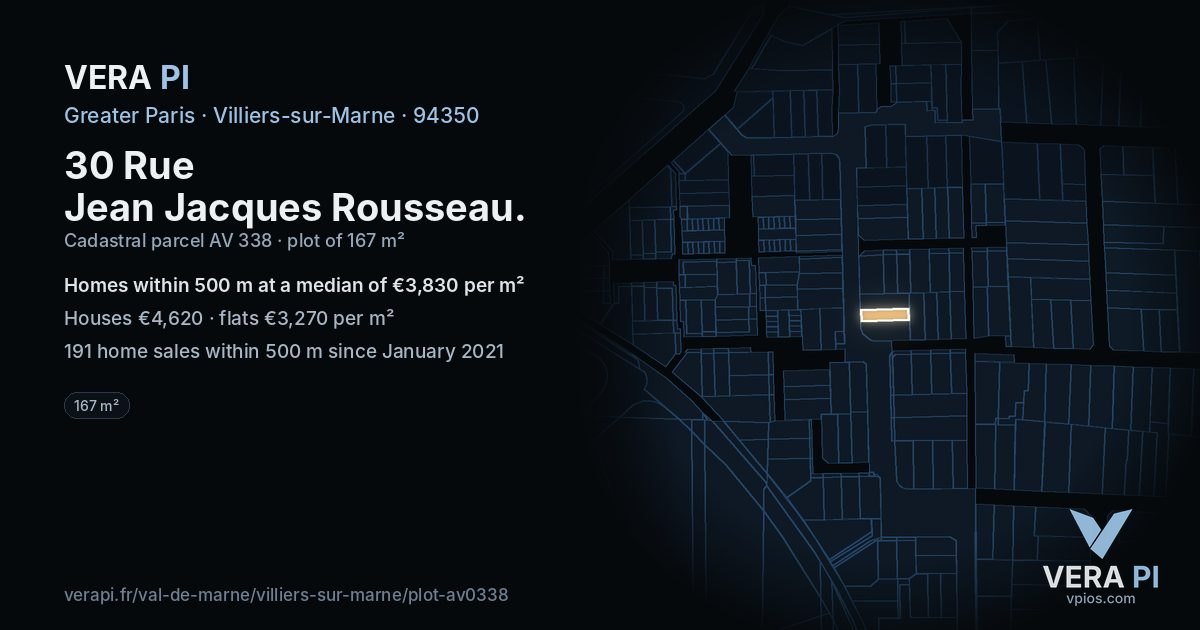 30 Rue Jean Jacques Rousseau, Villiers-sur-Marne at night – the plot lit, the parcels around coloured by the prices near them
