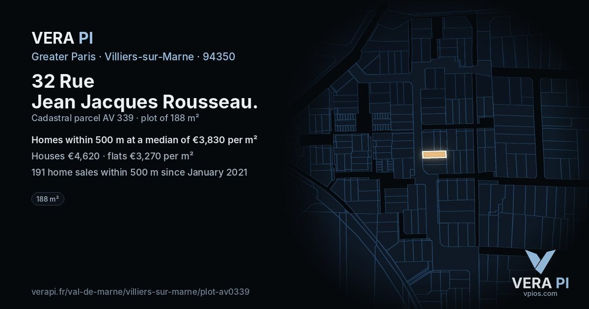 32 Rue Jean Jacques Rousseau, Villiers-sur-Marne at night – the plot lit, the parcels around coloured by the prices near them