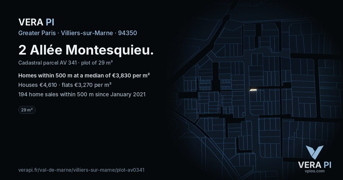 2 Allée Montesquieu, Villiers-sur-Marne at night – the plot lit, the parcels around coloured by the prices near them