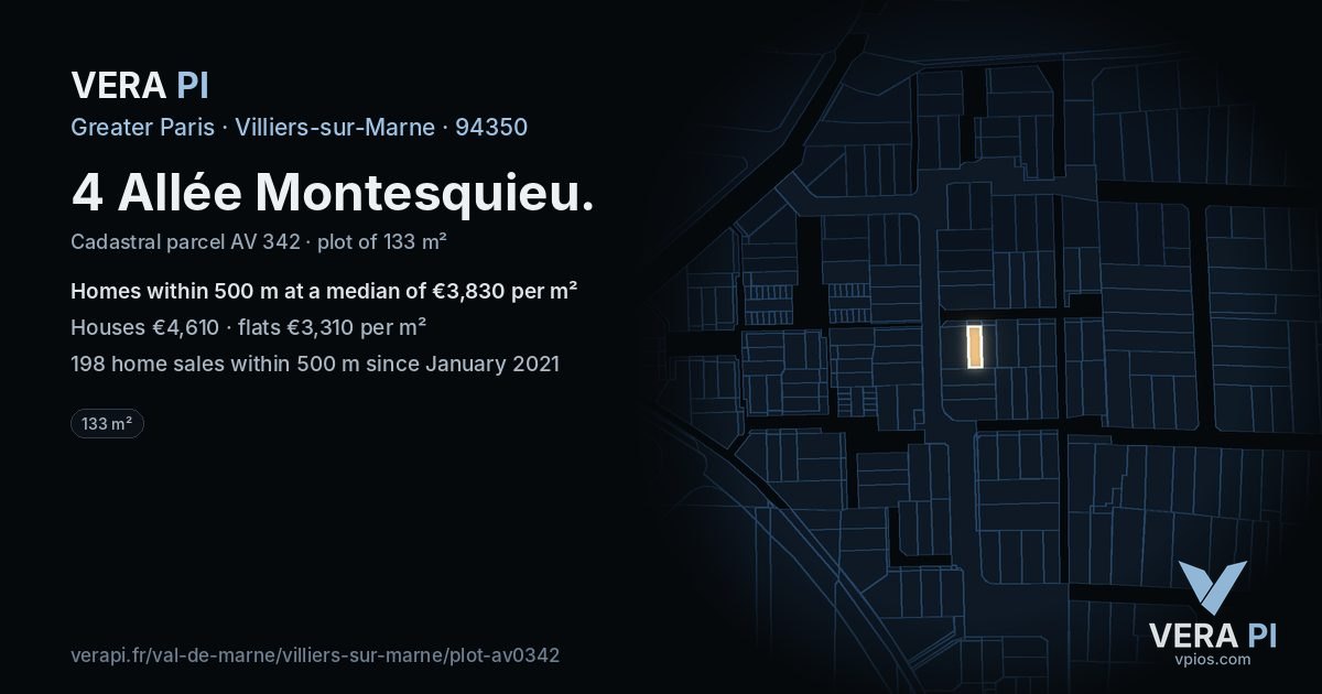 4 Allée Montesquieu, Villiers-sur-Marne at night – the plot lit, the parcels around coloured by the prices near them