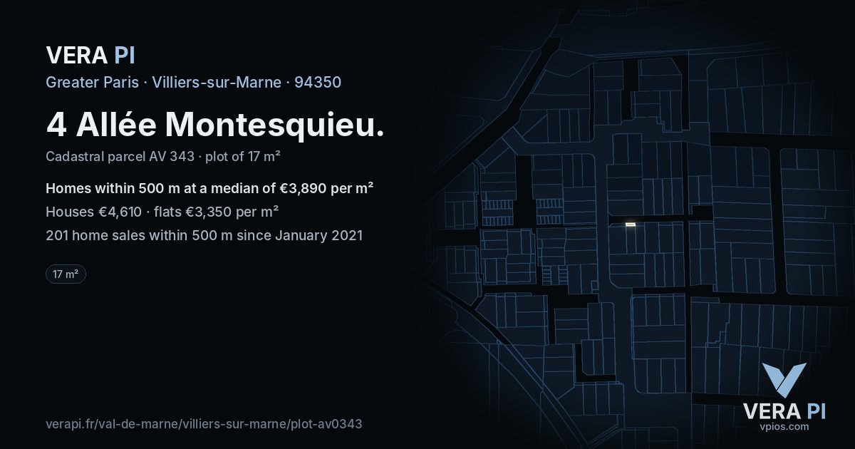 4 Allée Montesquieu, Villiers-sur-Marne at night – the plot lit, the parcels around coloured by the prices near them