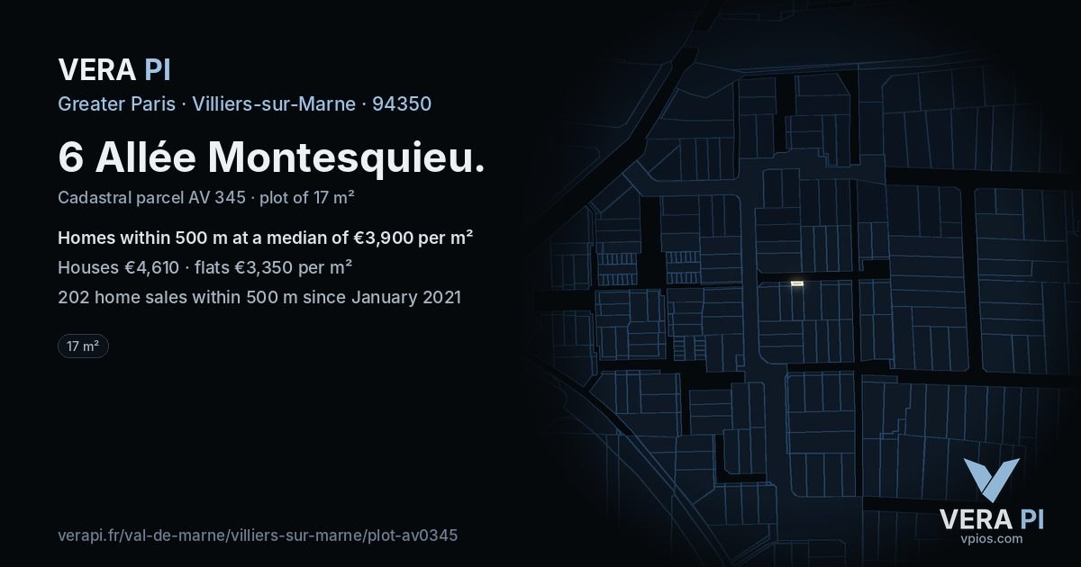 6 Allée Montesquieu, Villiers-sur-Marne at night – the plot lit, the parcels around coloured by the prices near them