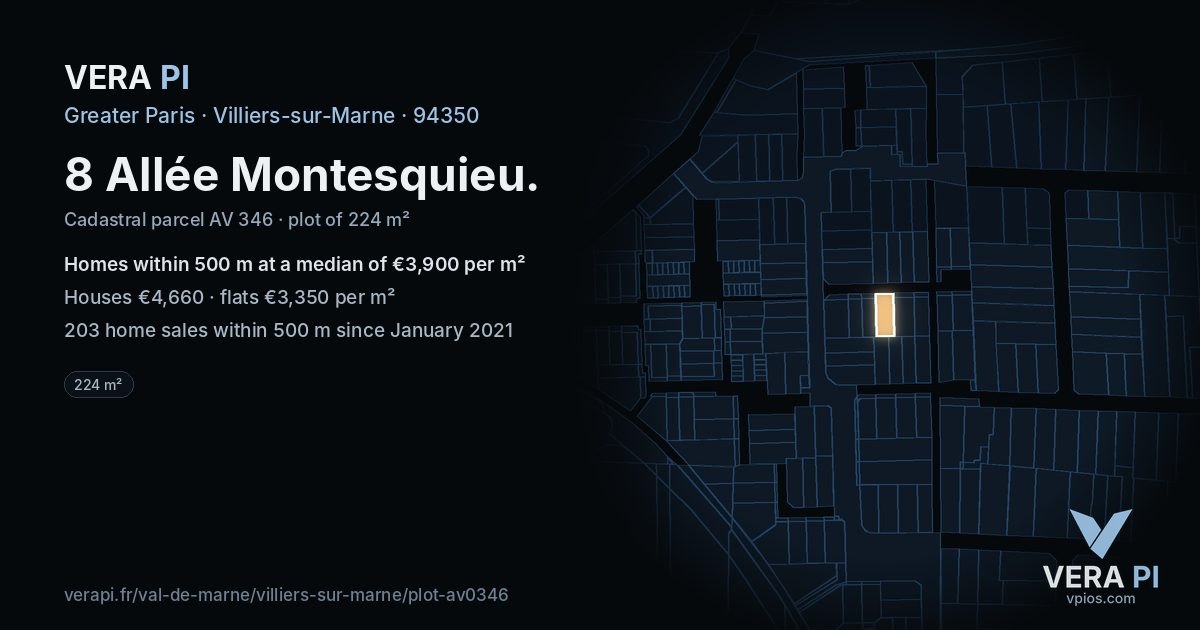 8 Allée Montesquieu, Villiers-sur-Marne at night – the plot lit, the parcels around coloured by the prices near them