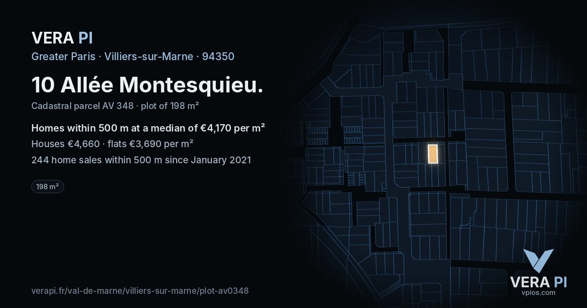 10 Allée Montesquieu, Villiers-sur-Marne at night – the plot lit, the parcels around coloured by the prices near them