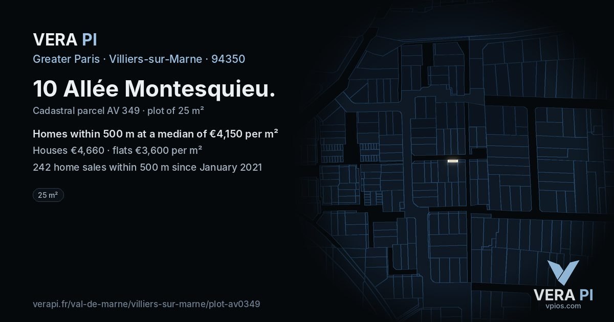 10 Allée Montesquieu, Villiers-sur-Marne at night – the plot lit, the parcels around coloured by the prices near them