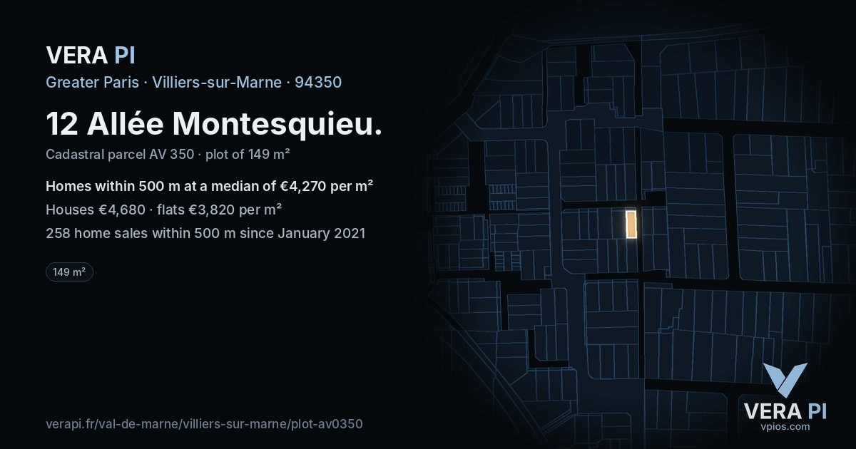 12 Allée Montesquieu, Villiers-sur-Marne at night – the plot lit, the parcels around coloured by the prices near them