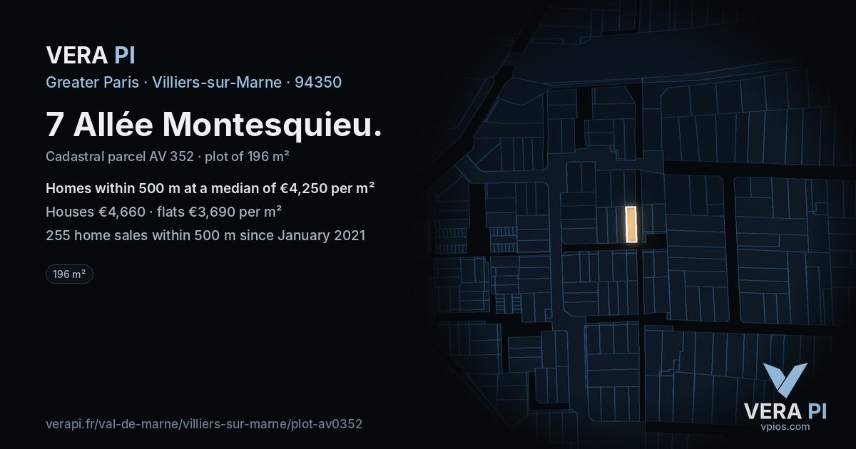 7 Allée Montesquieu, Villiers-sur-Marne at night – the plot lit, the parcels around coloured by the prices near them