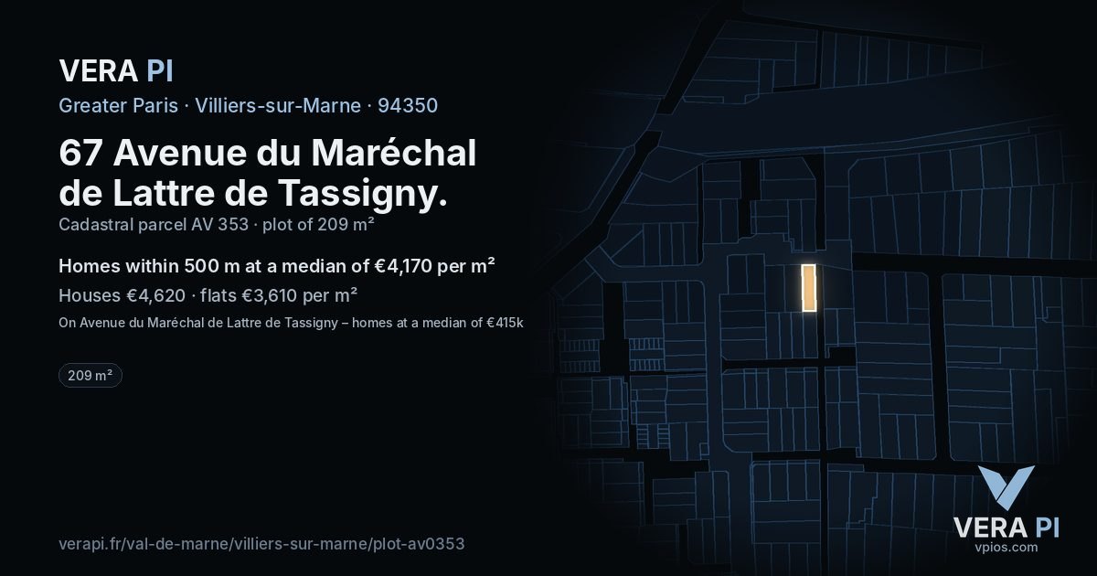 67 Avenue du Maréchal de Lattre de Tassigny, Villiers-sur-Marne at night – the plot lit, the parcels around coloured by the prices near them