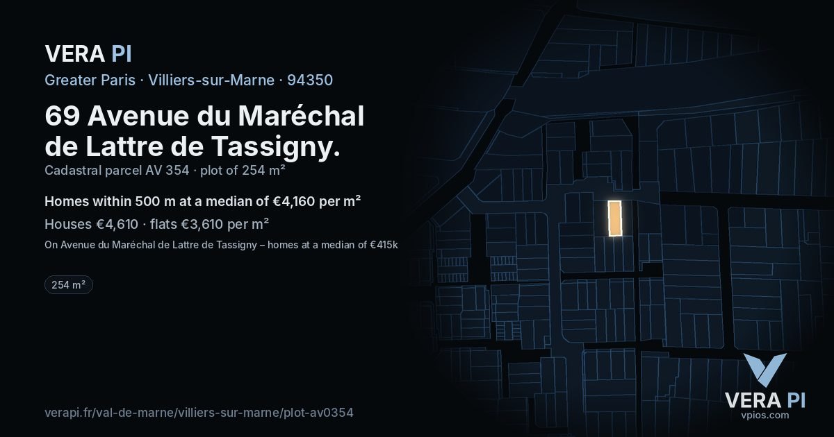 69 Avenue du Maréchal de Lattre de Tassigny, Villiers-sur-Marne at night – the plot lit, the parcels around coloured by the prices near them