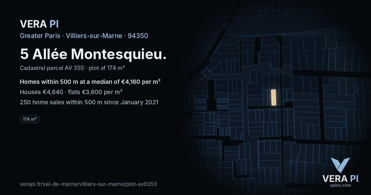 5 Allée Montesquieu, Villiers-sur-Marne at night – the plot lit, the parcels around coloured by the prices near them