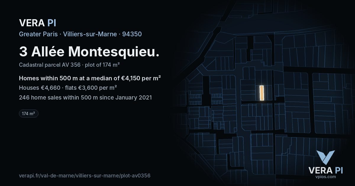 3 Allée Montesquieu, Villiers-sur-Marne at night – the plot lit, the parcels around coloured by the prices near them