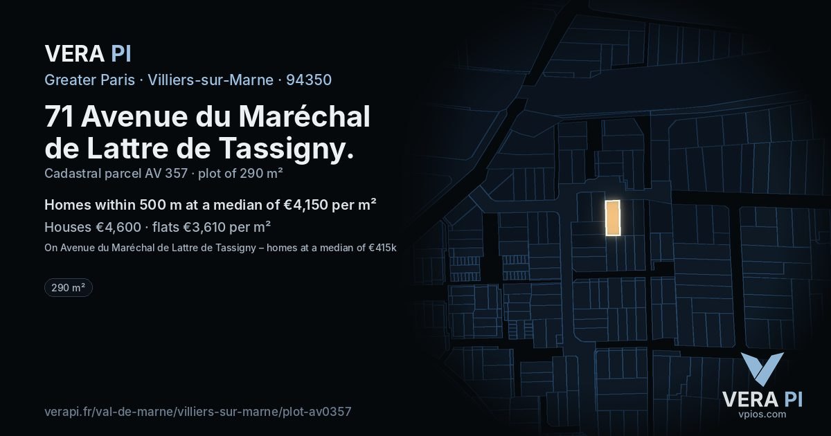 71 Avenue du Maréchal de Lattre de Tassigny, Villiers-sur-Marne at night – the plot lit, the parcels around coloured by the prices near them