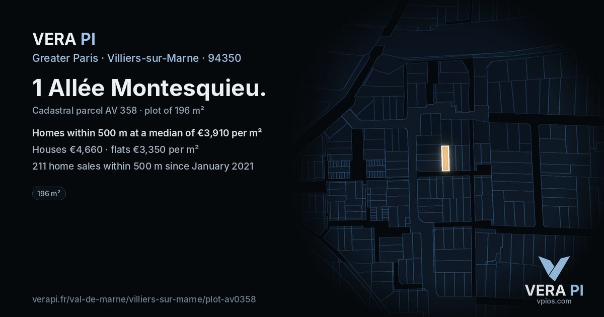 1 Allée Montesquieu, Villiers-sur-Marne at night – the plot lit, the parcels around coloured by the prices near them