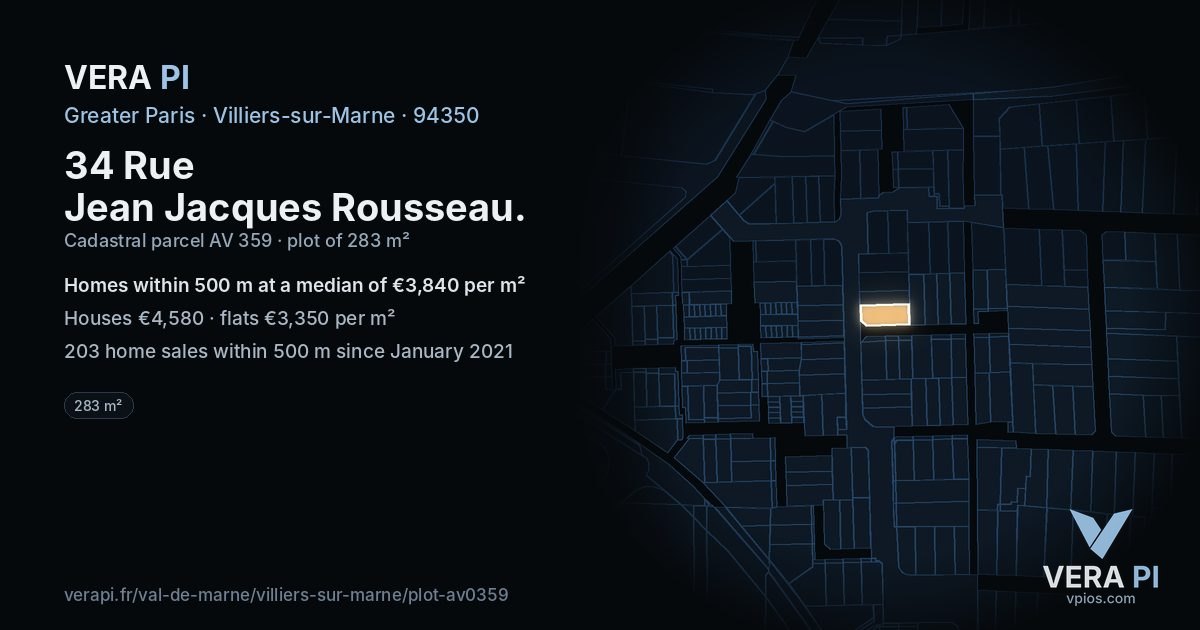34 Rue Jean Jacques Rousseau, Villiers-sur-Marne at night – the plot lit, the parcels around coloured by the prices near them