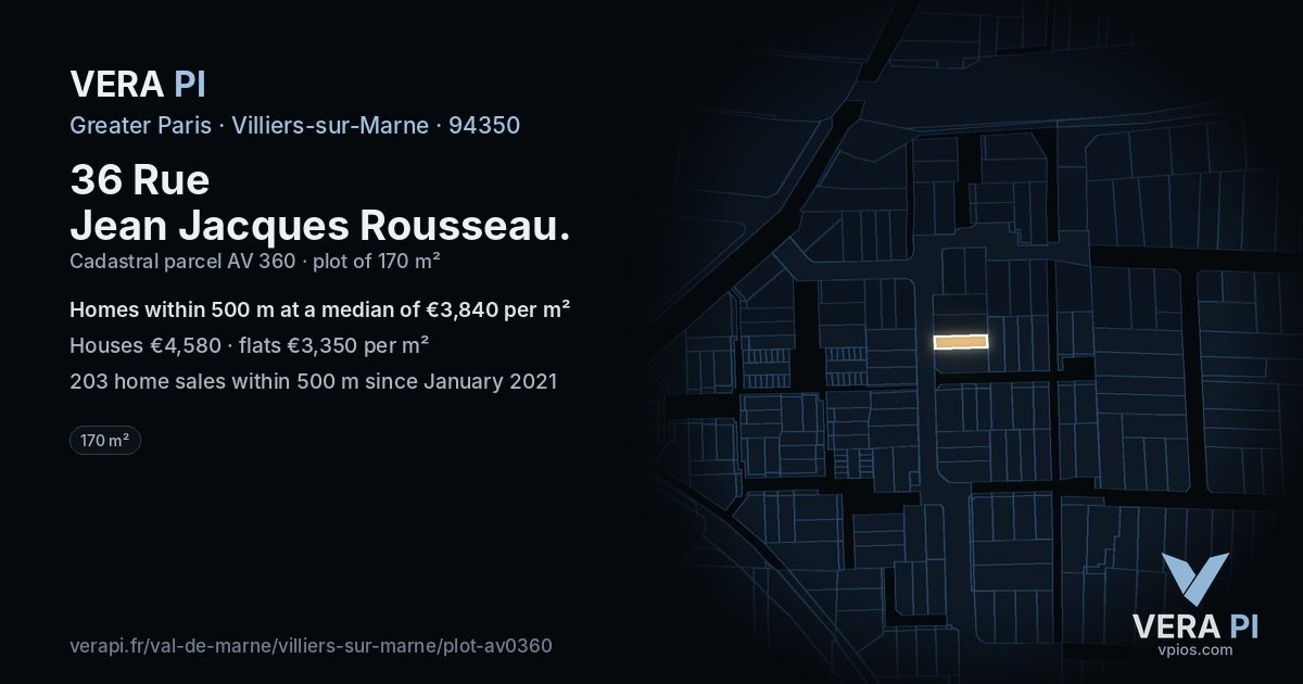 36 Rue Jean Jacques Rousseau, Villiers-sur-Marne at night – the plot lit, the parcels around coloured by the prices near them