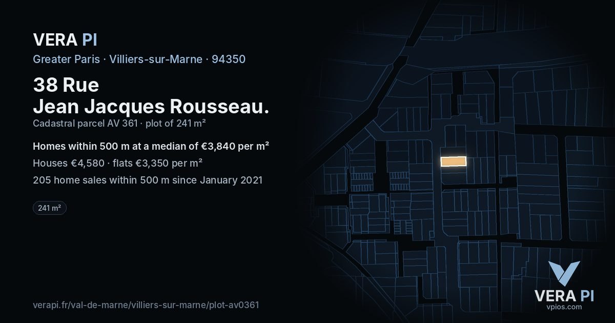 38 Rue Jean Jacques Rousseau, Villiers-sur-Marne at night – the plot lit, the parcels around coloured by the prices near them