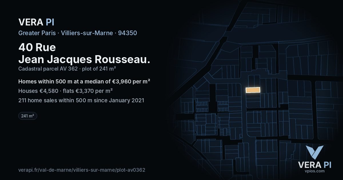 40 Rue Jean Jacques Rousseau, Villiers-sur-Marne at night – the plot lit, the parcels around coloured by the prices near them