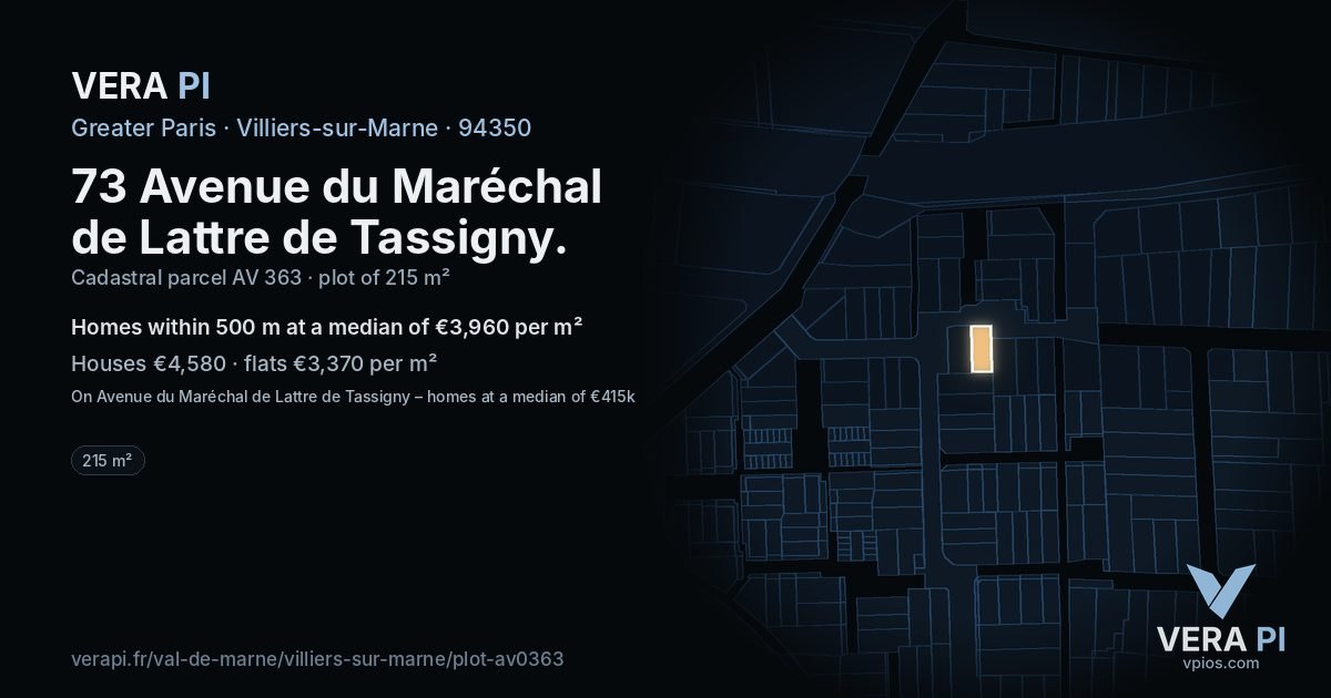 73 Avenue du Maréchal de Lattre de Tassigny, Villiers-sur-Marne at night – the plot lit, the parcels around coloured by the prices near them