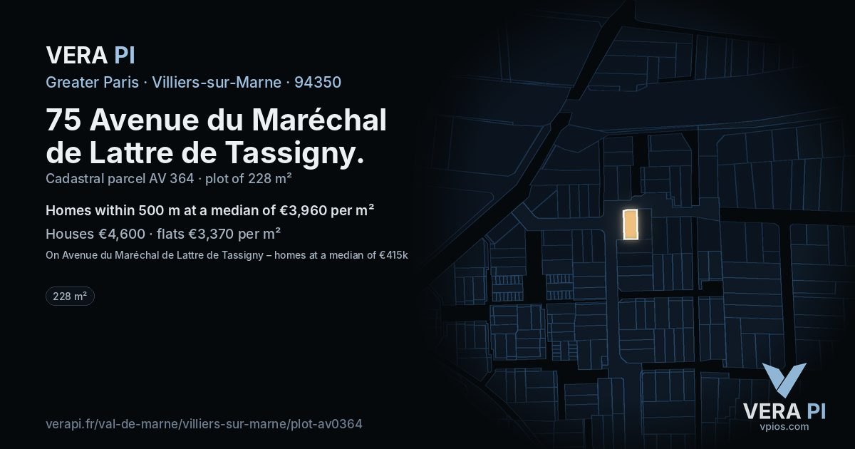 75 Avenue du Maréchal de Lattre de Tassigny, Villiers-sur-Marne at night – the plot lit, the parcels around coloured by the prices near them