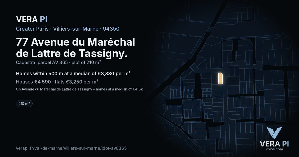 77 Avenue du Maréchal de Lattre de Tassigny, Villiers-sur-Marne at night – the plot lit, the parcels around coloured by the prices near them