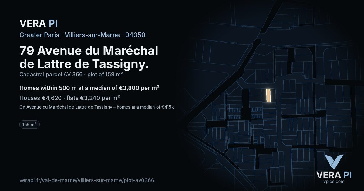 79 Avenue du Maréchal de Lattre de Tassigny, Villiers-sur-Marne at night – the plot lit, the parcels around coloured by the prices near them
