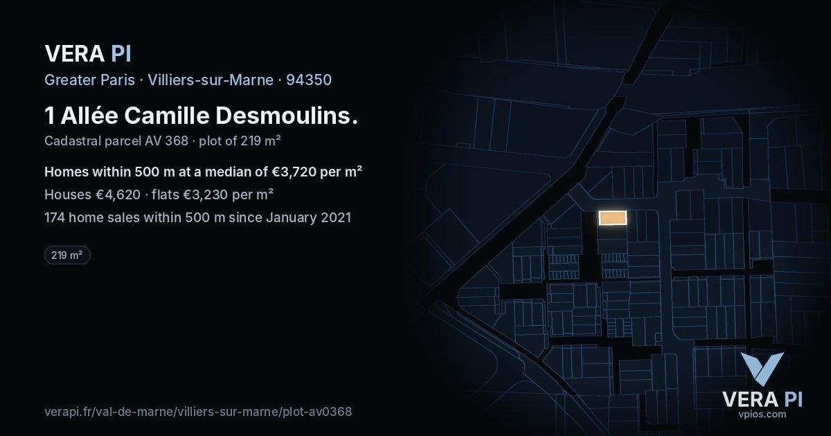 1 Allée Camille Desmoulins, Villiers-sur-Marne at night – the plot lit, the parcels around coloured by the prices near them