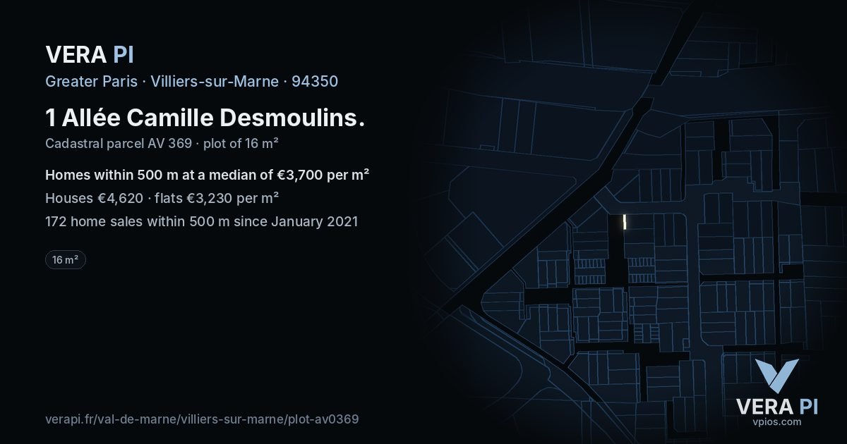 1 Allée Camille Desmoulins, Villiers-sur-Marne at night – the plot lit, the parcels around coloured by the prices near them