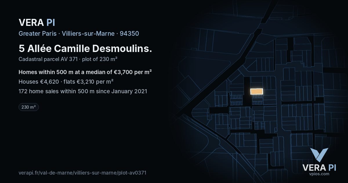 5 Allée Camille Desmoulins, Villiers-sur-Marne at night – the plot lit, the parcels around coloured by the prices near them